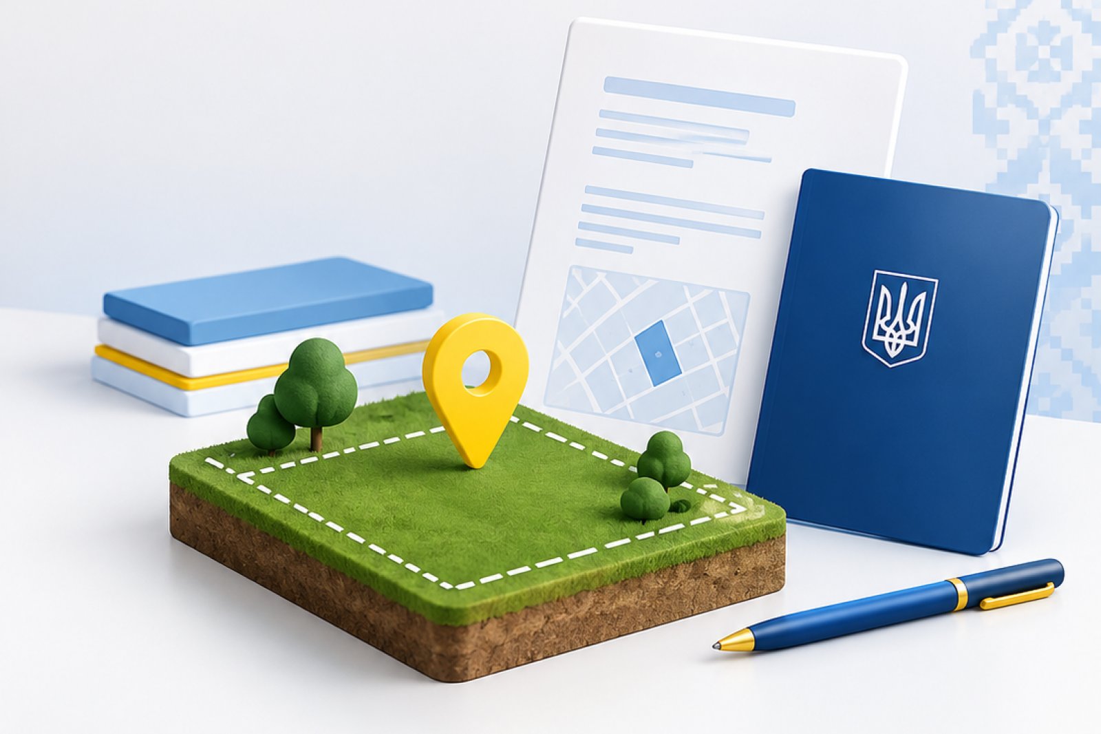 Макет земельної ділянки з позначкою розташування, картою, документами та паспортом із гербом України.